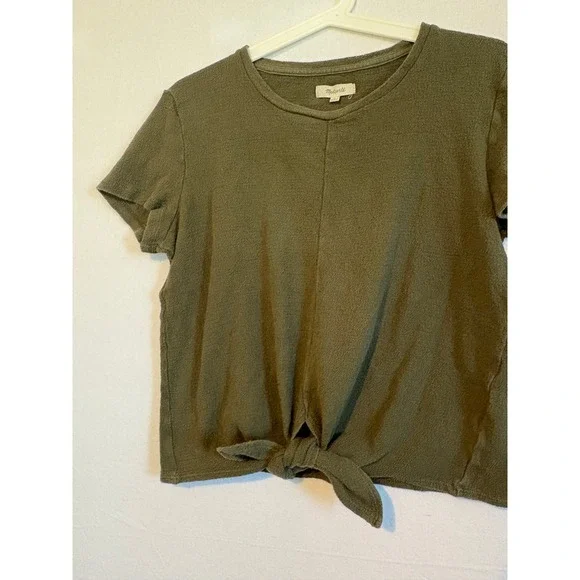 Madewell Olive Green Front Tie Knot Short Sleeve Cotton Top Small G6921 - Picture 4 of 10